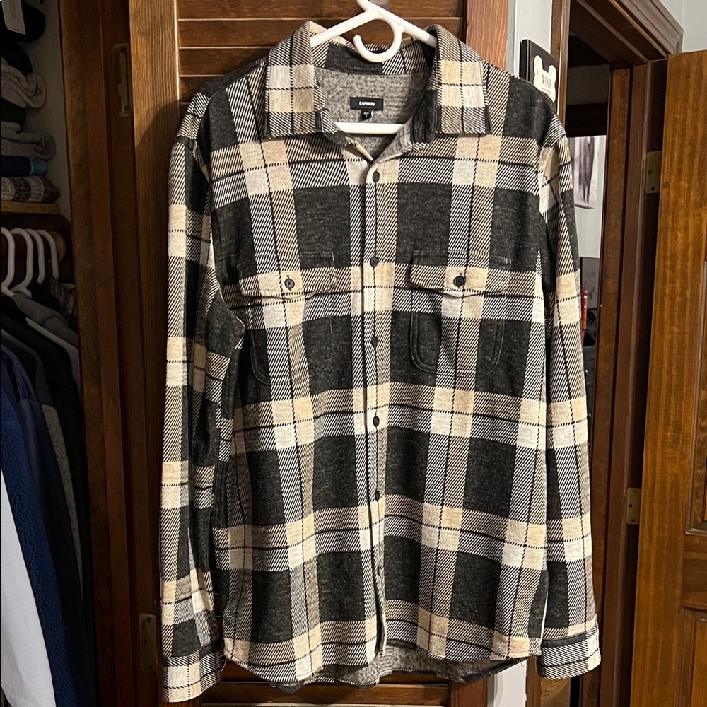Express Black and Tan Plaid Casual Button Down Shirt
